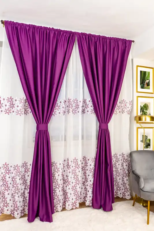 Set Venetia - Perdea din In Zambet Mov cu Alb PERD038B_300X245_D2_12_ATL si Draperii Mov Royal BOTD013_100X245_C2_08_ATL cu Rejansa Set_ATL Livrare rapidă