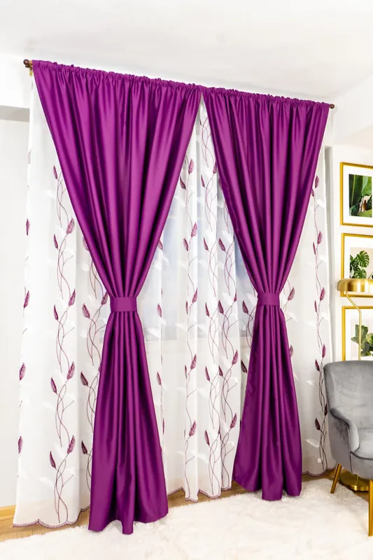Ofertă exclusivă Set Lyon - Perdea din In Lauri Mov cu Alb PERD094C_300X245_D3_12_ATL si Draperii Mov Royal BOTD013_100X245_C2_08_ATL cu Rejansa Set_ATL