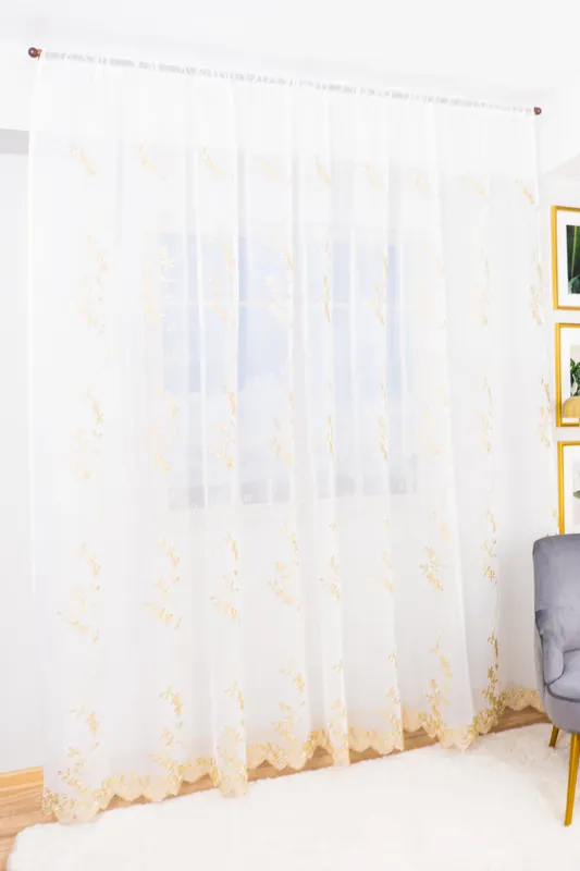 Set 2 Perdele din In cu Flori de Gheata Aurii 150x245 cm cu Rejansa - PERD084B_150x245_ATL Doar azi