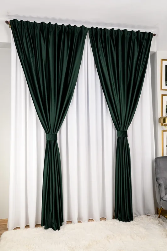 Cumpărături sigure Set Malini - Perdea Matase Alba Nobila si Draperie din Catifea Vierde Inchis