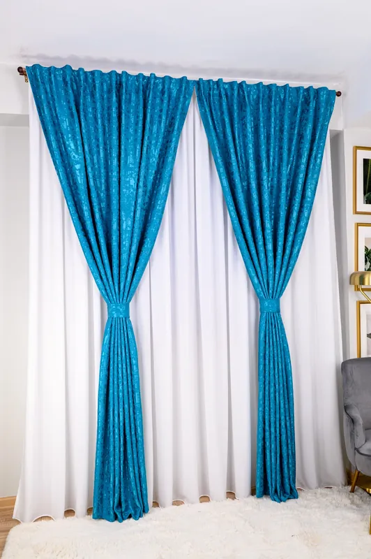 Plată securizată Set Hessa - Perdea Matase Alba Nobila si Draperie Bleu Turcoaz Striat
