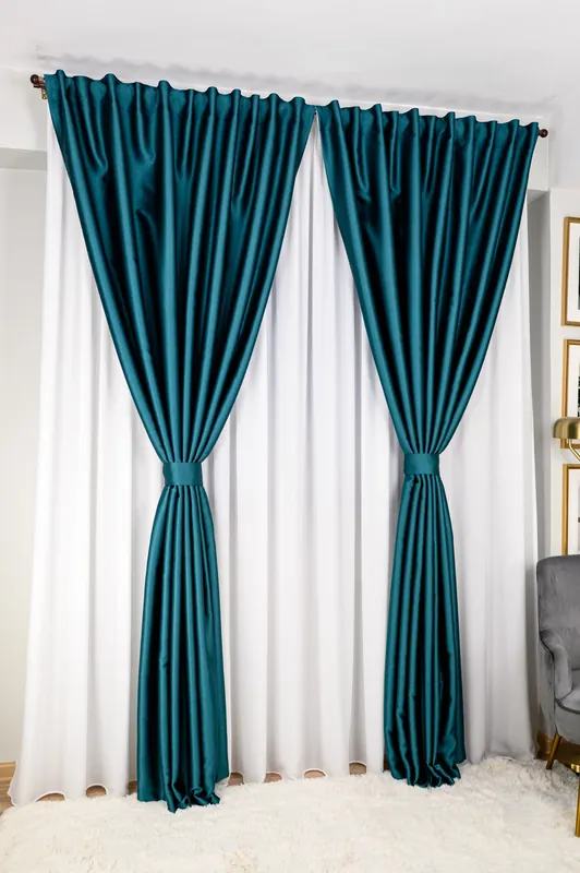 Preț mic Set Selma - Perdea Matase Alba Nobila si Draperie Blackout 100% Perfect Turcoaz Metalizat