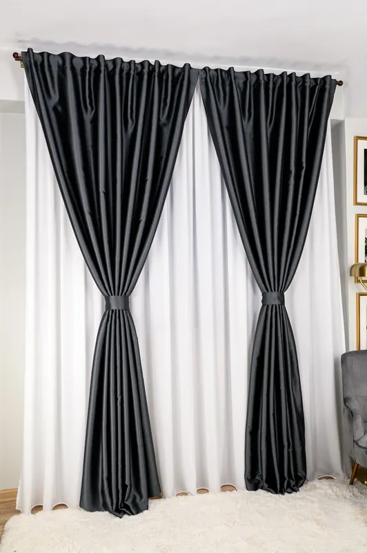 Ofertă exclusivă Set Medas - Perdea Matase Alba Nobila si Draperie Blackout 100% Perfect Gri Antracit Metalizat