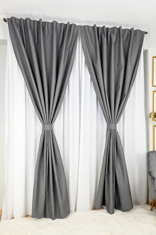 Set Meirym - Perdea Matase Alba Nobila si Draperie din In Perfect Blackout 100% Gri Antracit Ofertă de sezon