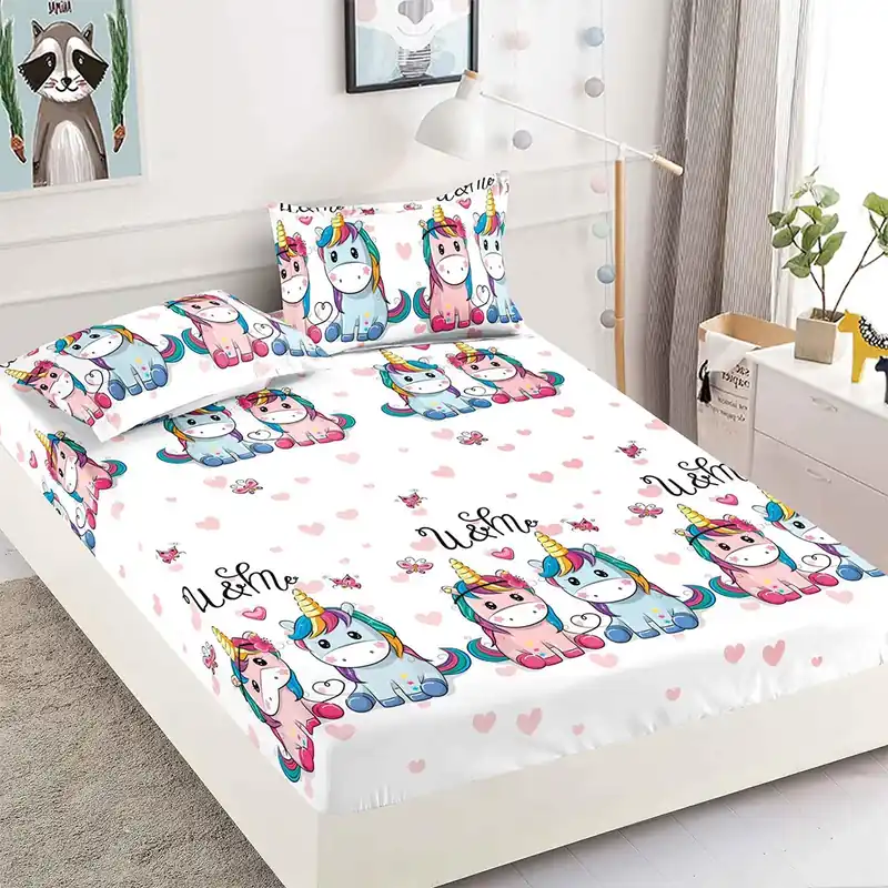 Ofertă specială Cearceaf din Finet cu Elastic - 180x200 + 2 Fete Perna - Tărâmul Unicornilor - CEFJ_L020B
