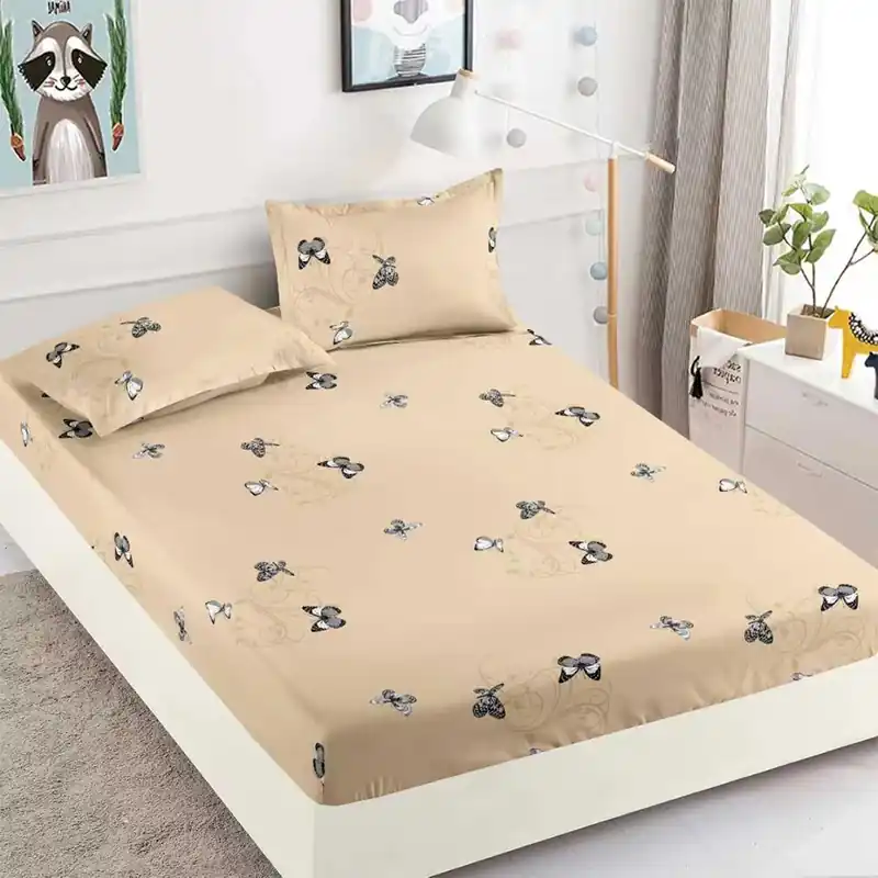Cearceaf din Finet cu Elastic - 180x200 + 2 Fete Perna - Bej Zborul Fluturilor - CEFJ_L026B Doar azi