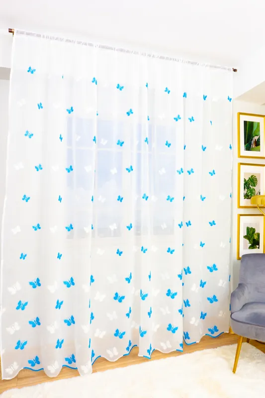Perdea din In cu Fluturasi Albastri 100x245cm cu Rejansa - PERD010B_100x245_ATL Livrare rapidă