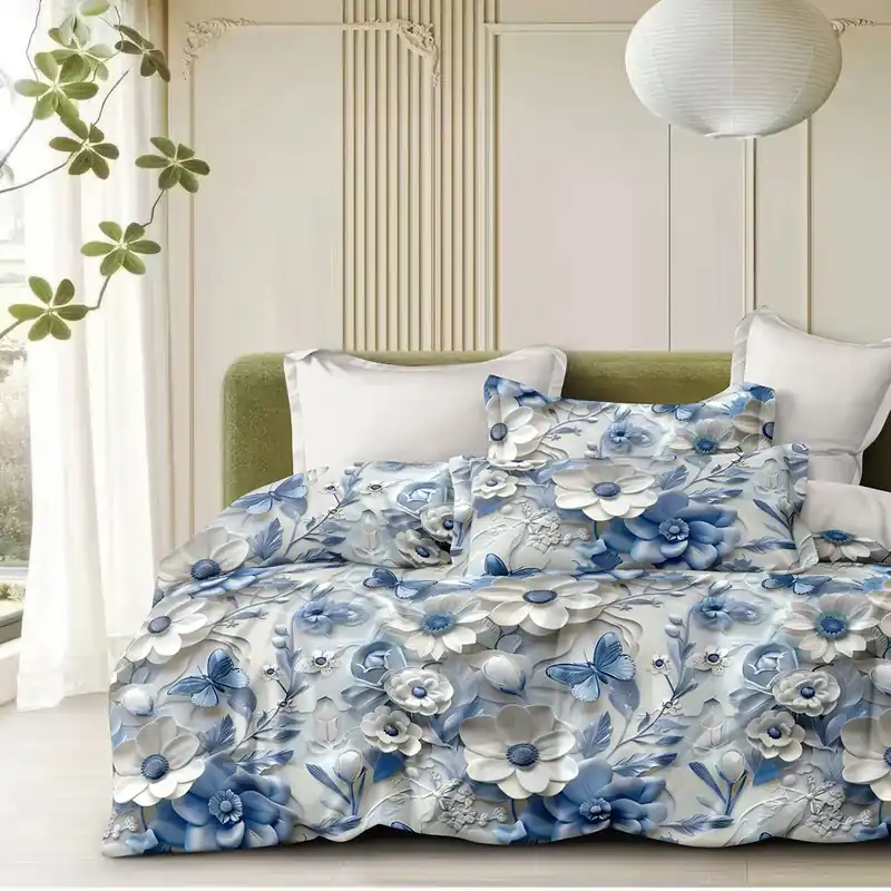 Lenjerie Bumbac Satinat cu Elastic 4 Piese - Flori Bleu - LBDEM_G033C Ofertă limitată