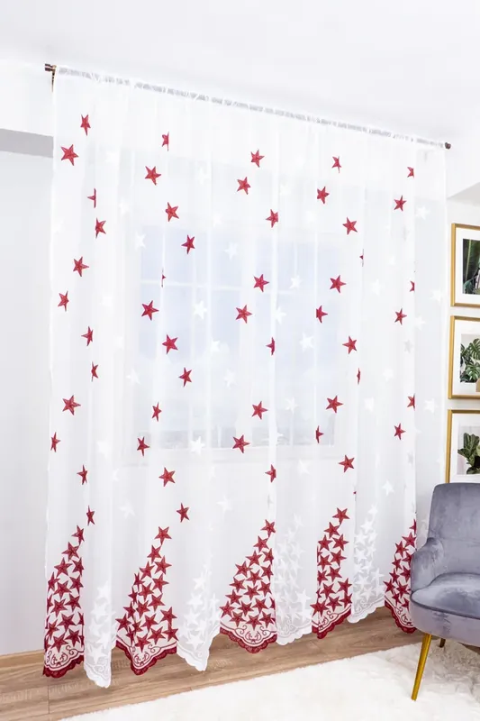 Reducere Set 2 Perdele din In cu Stelute Visiniu Intens 150x245cm cu Rejansa - PERD015E_150X245_ATL