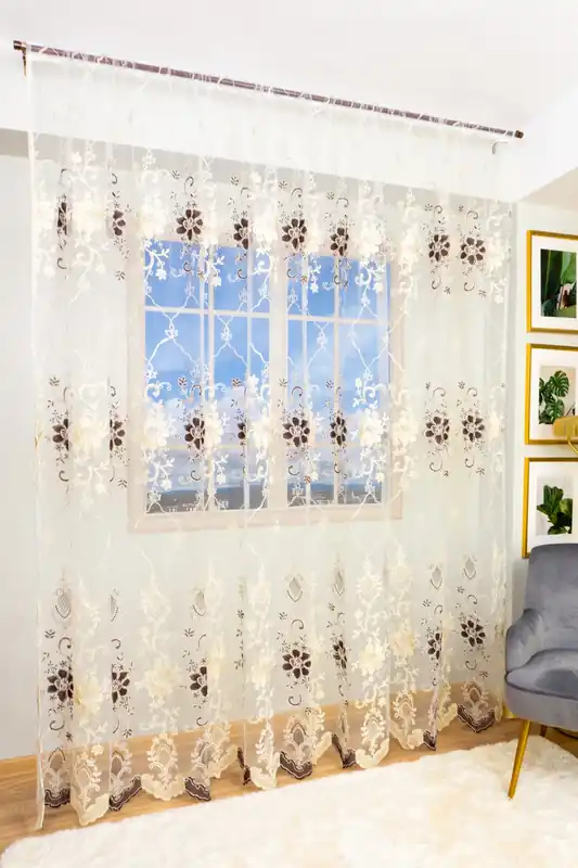 Set 2 Perdele Scurte din Tull - Floricele Cafenii 100x245cm cu Rejansa- PERD020_100x245_ATL Preferatul clienților