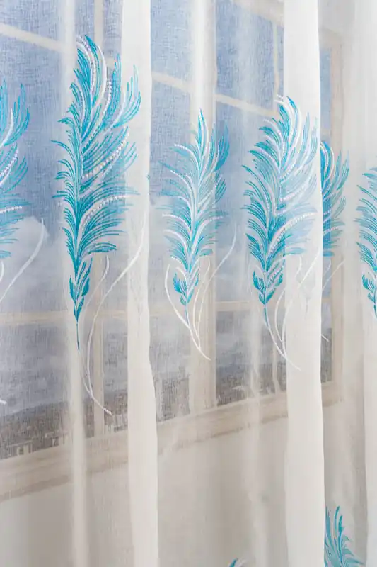 Disponibil imediat Set 2 Perdele din In Fulg Turcoaz Blue Deschis cu Alb 150x245cm cu Rejansa - PERD059C_150x245_ATL