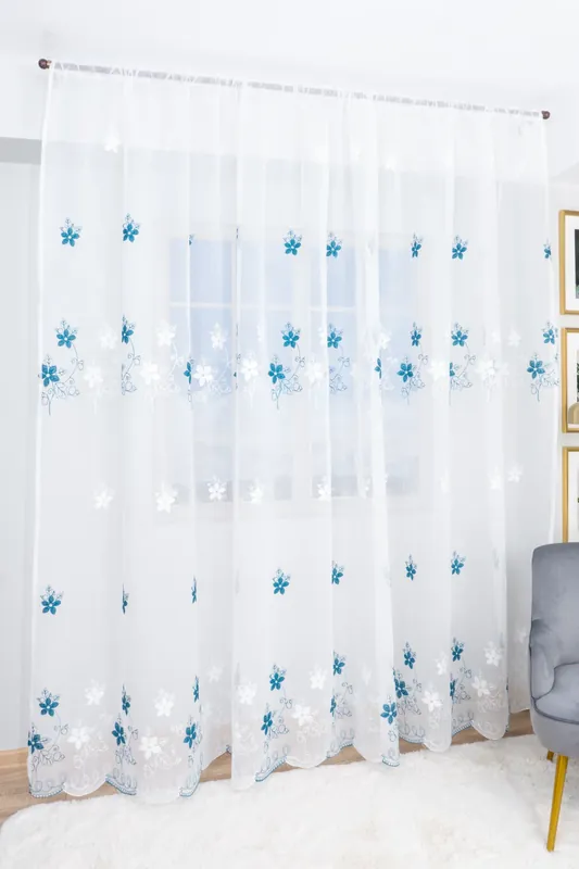 Set 2 Perdele Flora din In Turcoaz 100X245cm cu Rejansa - PERD070D_100X245_ATL Ofertă de sezon