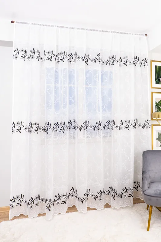 Set 2 Perdele din In Ghirlanda Flori Negru Regal 150x245cm cu Rejansa - PERD093C_150x245_ATL Cel mai vândut