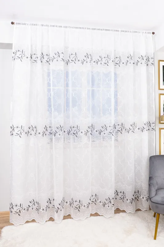 Disponibil imediat Set 2 Perdele din In Ghirlanda Flori Gri 100x245cm cu Rejansa - PERD0119_100x245_ATL