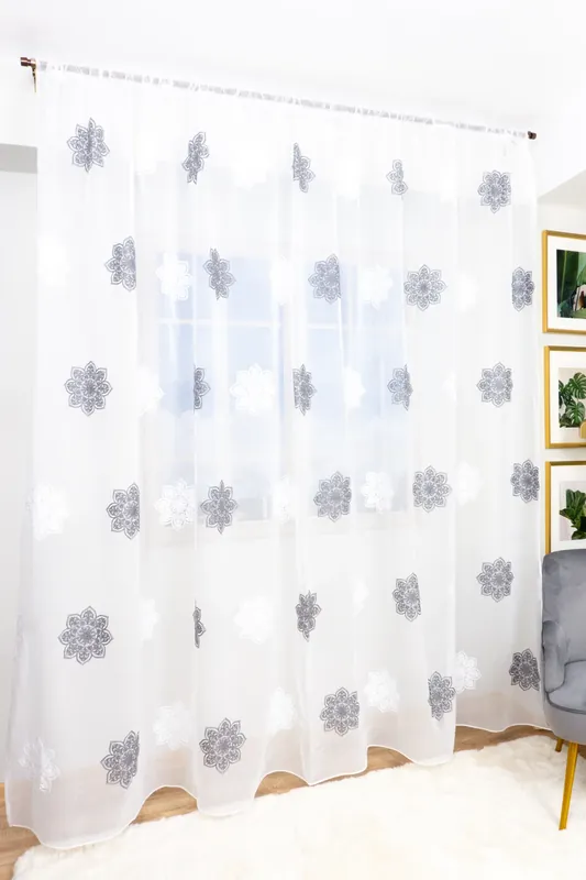 Noutate Set 2 Perdele din In cu Flori Mari Gri 100x245 cm cu Rejansa - PERD0145_100x245_ATL