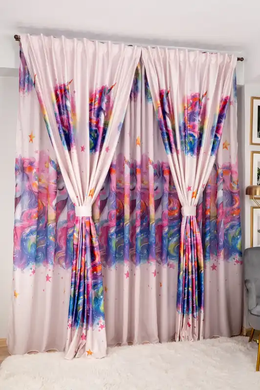 Set Unicorni Magici - Perdea din Matase si Draperie din Catifea 3D Unicorni Preferatul clienților