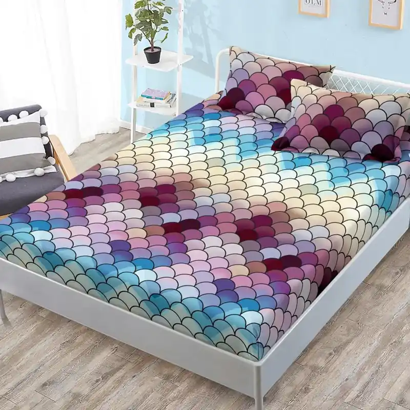 Cearceaf din Finet cu Elastic - 160/180x200 + 2 Fete Perna - Solzi Multicolori - CEFN_L003C Preț mic