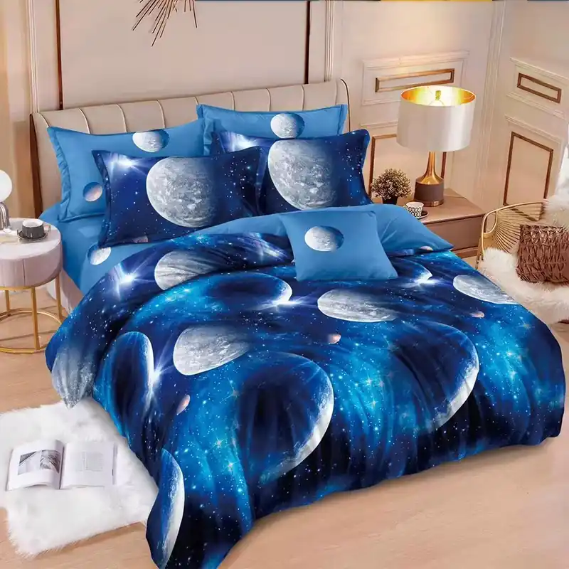 Lenjerie de Pat din Finet cu Elastic 6 Piese - 160/180x200 cm - Albastru Planete si Galaxii - LFEN_A073D Plată securizată