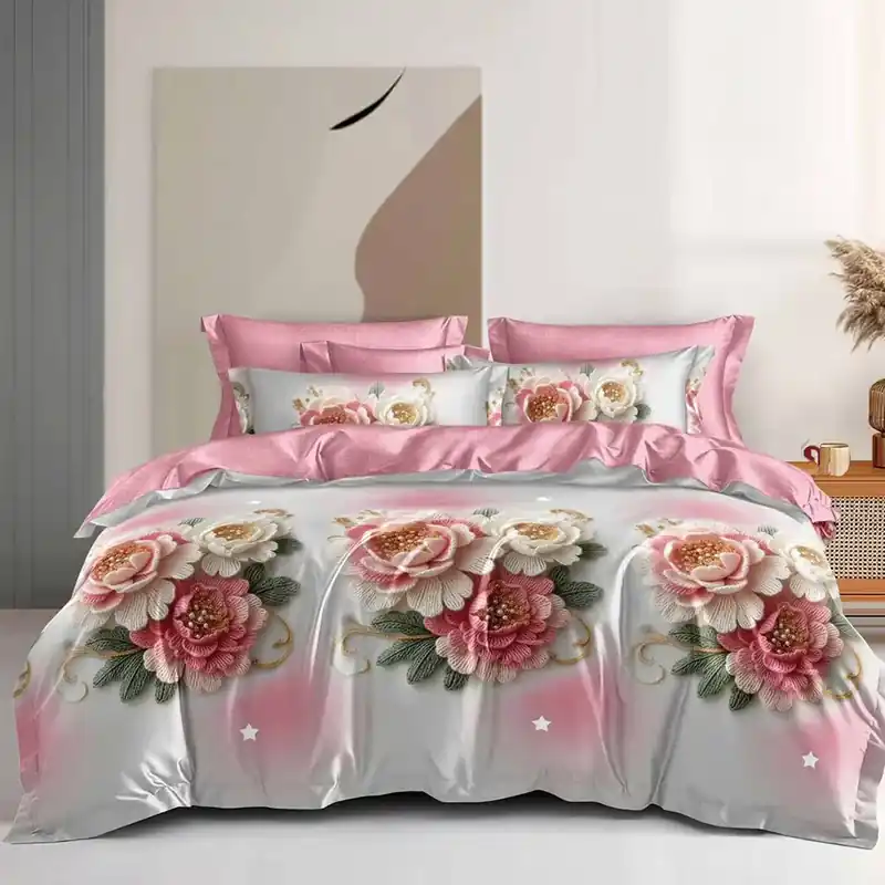 Retur ușor Lenjerie Bumbac Satinat cu Elastic 4 Piese - Trandafiri Crosetati - LBDEM_G045C