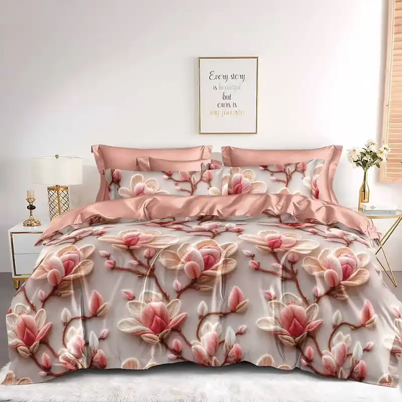 Cel mai vândut Lenjerie Bumbac Satinat cu Elastic 4 Piese - Flori Magnolie - LBDEM_G047C